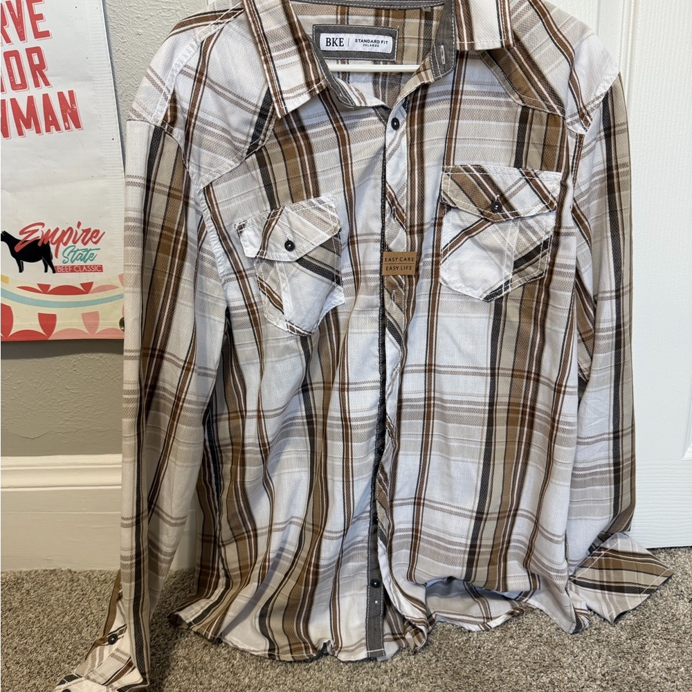 BKE Brown and White Plaid Shirt